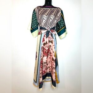 Pink Ripple Women’s Dress M Colorblock Boatneck Tie Waist Boho Hippie Colorful